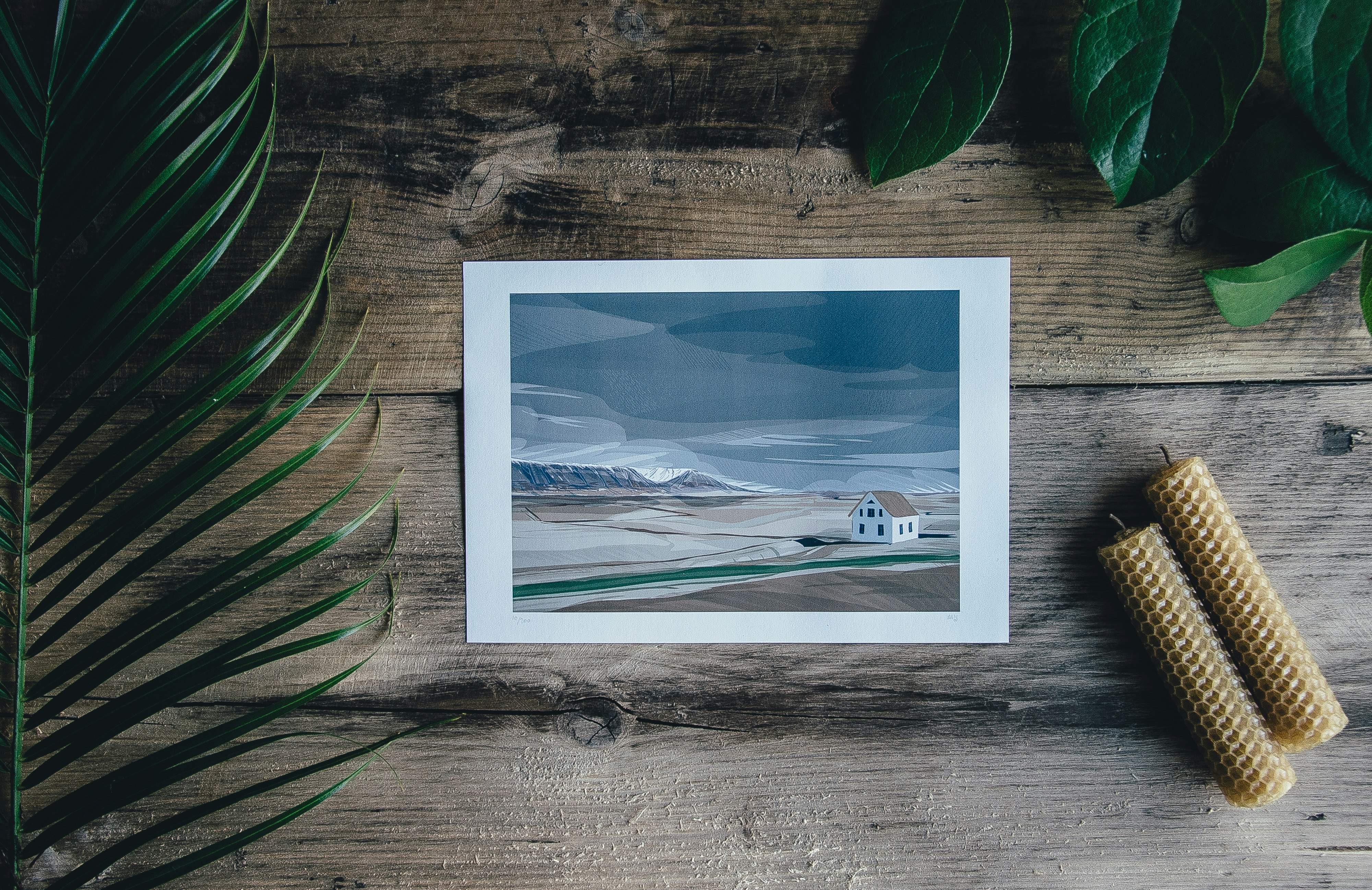 painting of house near field on top of wood